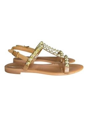 Stuart Weitzman Goldie Gold Stud Jelly T-Strap Flat Sandal Nude Beige US7